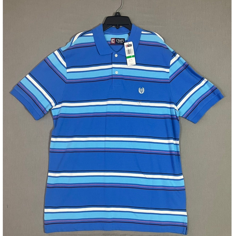 Chaps Polo Shirt Large Cotton Striped Blue Dadcore Office Golf NWT